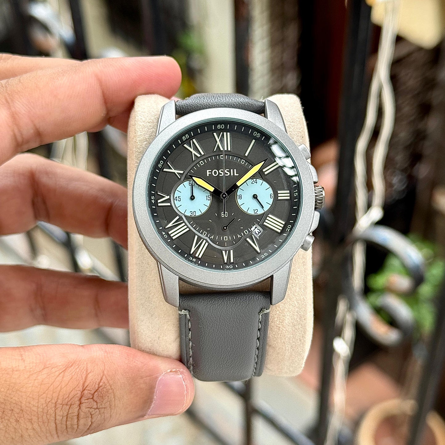Fossil Grant Chronograph Gunmetal Grey Dial Grey Leather Strap - FS5183